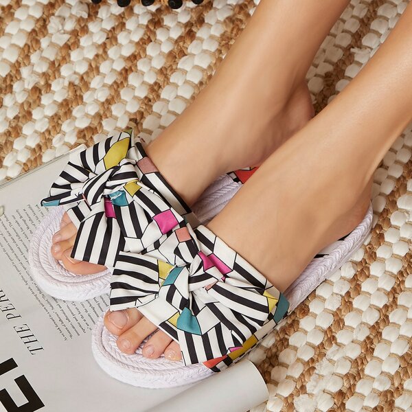 

Abstract Print Bow Strap Woven Footbed Slides, Multicolor