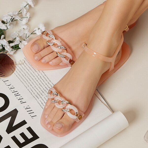 

Rhinestone Chain Detailing Square Toe Jelly Sandals, Dusty pink
