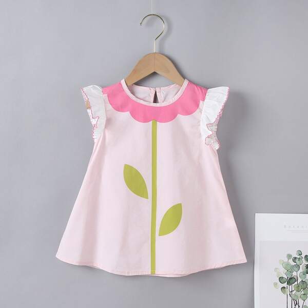 

Toddler Girls Plants Print Ruffle Trim Blouse, Baby pink