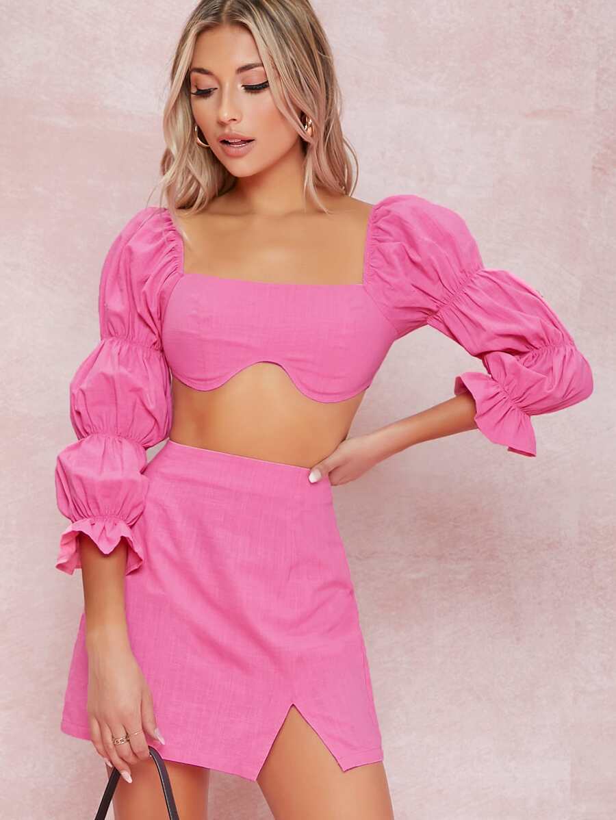 SHEIN Ruched Tiered Ruffled Sleeve Crop Top & Skirt Set - Pink - View 1