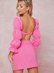 SHEIN Ruched Tiered Ruffled Sleeve Crop Top & Skirt Set - Pink - View 2