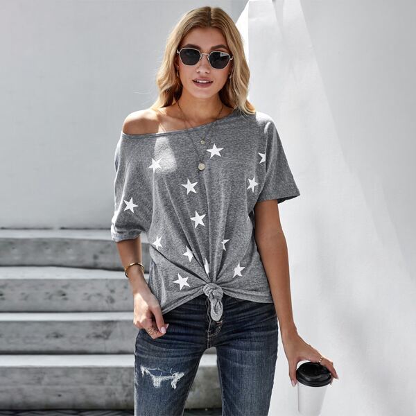 

Marled Star Print Boat Neck Tee, Grey