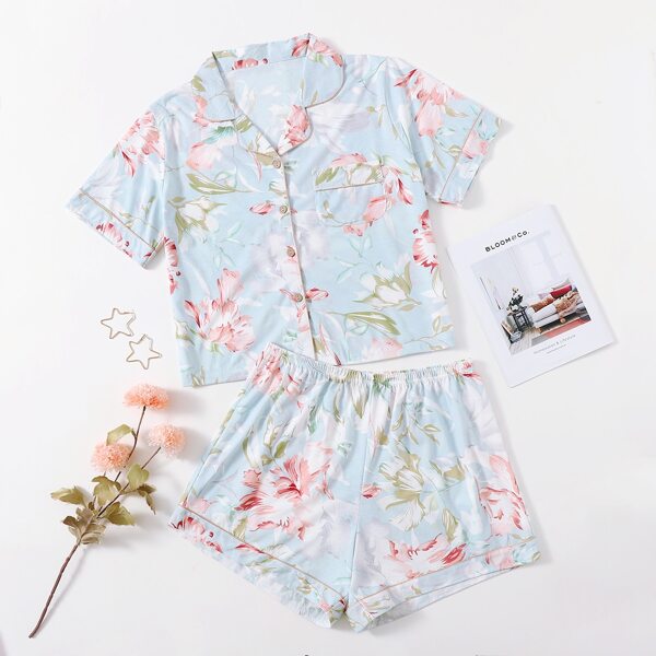 

Plus Floral Lapel Collar Pajama Set, Multicolor