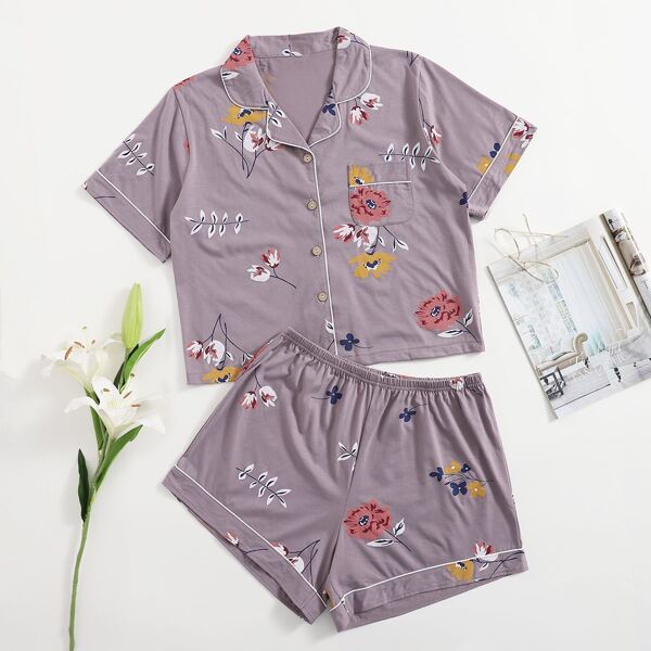 

Plus Floral Contrast Piping Pajama Set, Mauve purple