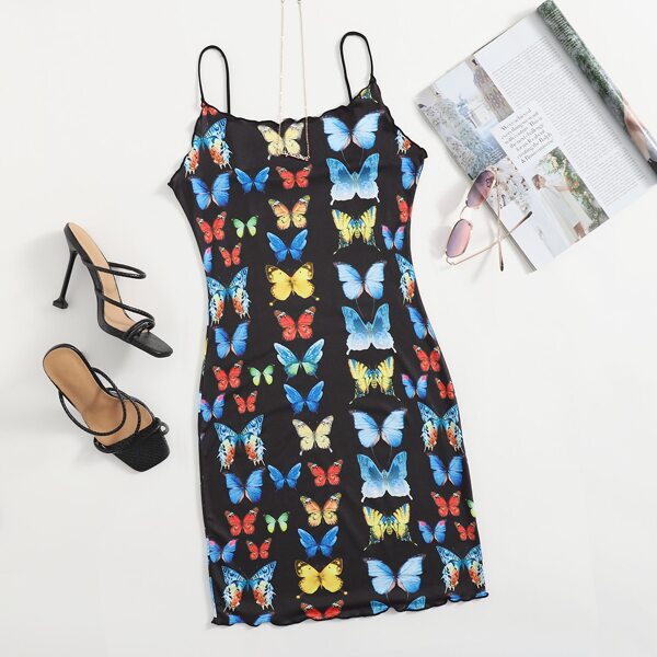 

Lettuce Trim Butterfly Print Dress, Multicolor