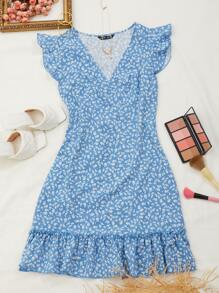 SHEIN VCAY 荷葉邊小碎花圖案連衣裙 - 藍色 - 查看 1