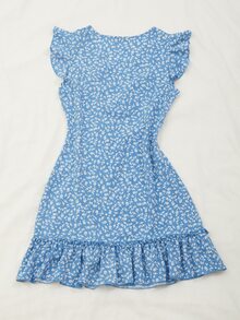 SHEIN VCAY 荷葉邊小碎花圖案連衣裙 - 藍色 - 查看 2