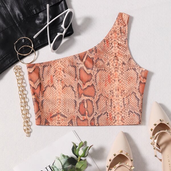 

One Shoulder Snakeskin Crop Top, Multicolor