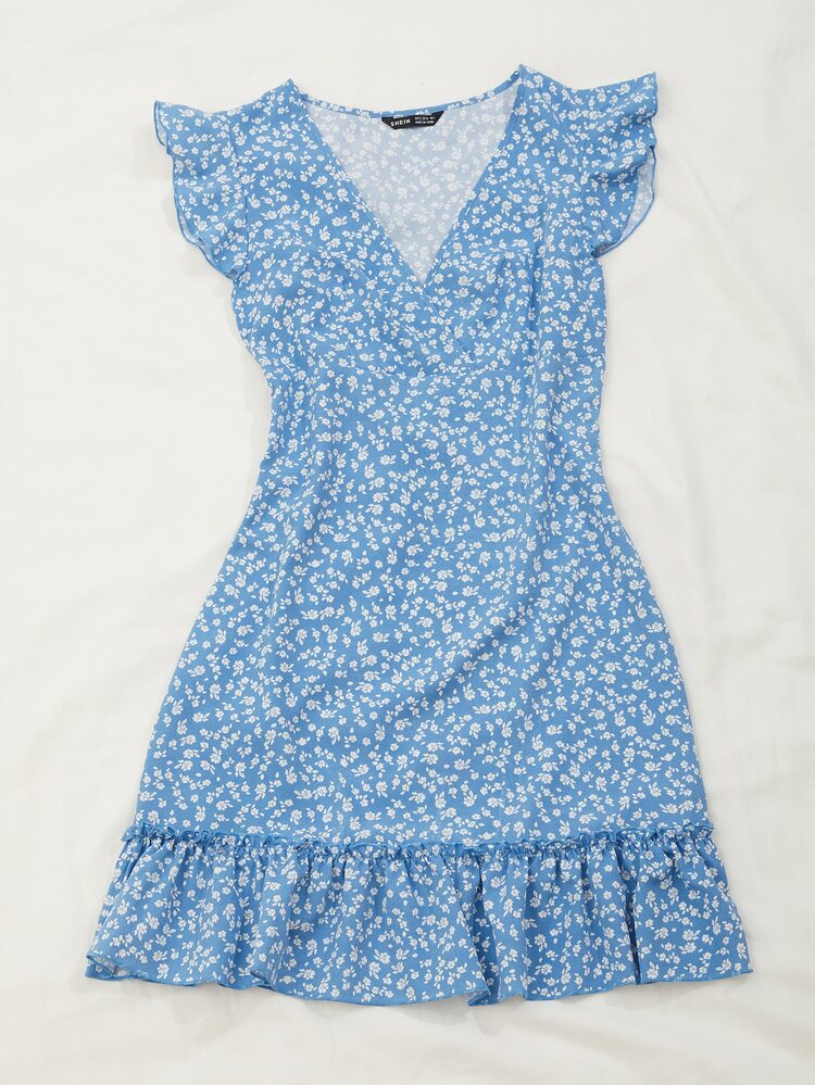 SHEIN VCAY 荷葉邊小碎花圖案連衣裙 - 藍色 - 查看 6