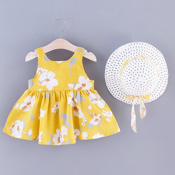 

Toddler Girls Floral Print Big Bow Back Dress & Hat, Yellow