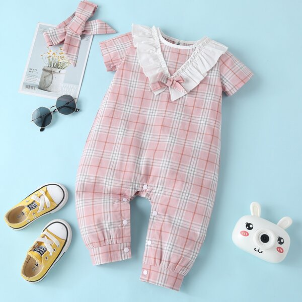 

Baby Girl Plaid Ruffle Trim Jumpsuit With Headband, Pink