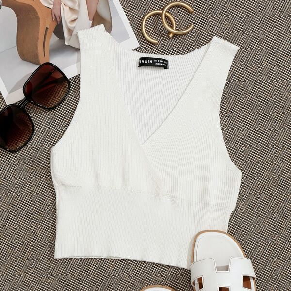 

Surplice Neck Solid Sweater Vest, White