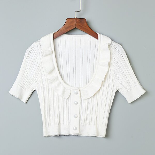 

Ruffle Trim Button Front Rib-knit Cardigan, White