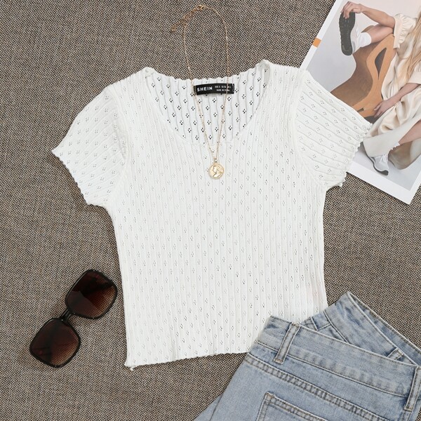 

Lettuce Trim Pointelle Knit Top, White