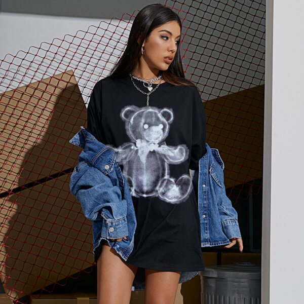 

Drop Shoulder Bear Print Longline Tee, Black