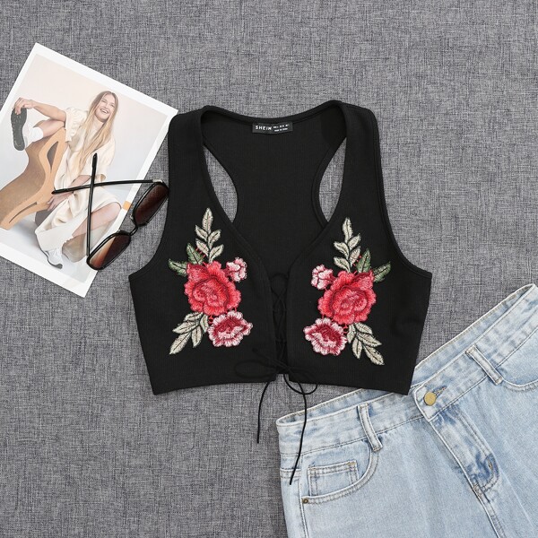 

Floral Embroidery Patch Tie Front Tank Top, Black