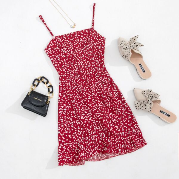 

Zip Back Ruffle Hem Ditsy Floral Sundress, Red and white