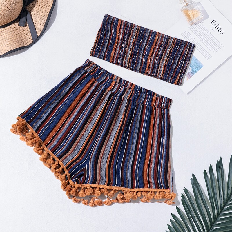 

Striped Shirred Tube Top & Tassel Hem Shorts Set, Multicolor