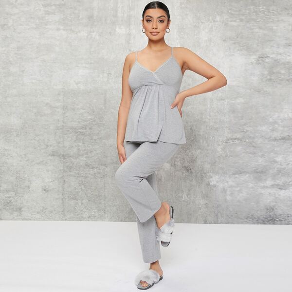 

Maternity Lace Trim Cami Top & Stretchable Pants PJ Set, Light grey
