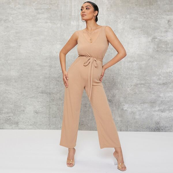 

Maternity Solid Rib-knit Belted Jumpsuit, Apricot