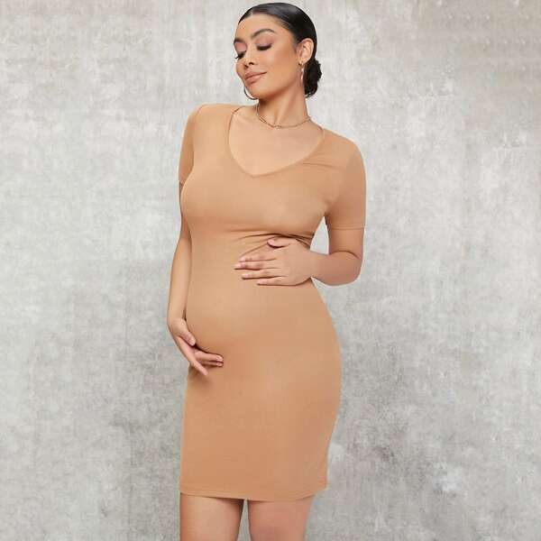 

Maternity Solid Cut Out Back Split Hem Bodycon Dress, Khaki