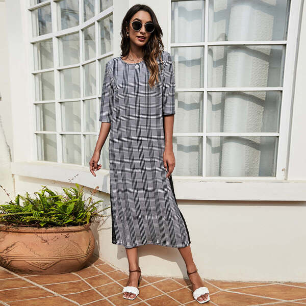 

Plaid Contrast Lace Tunic Dress, Black and white