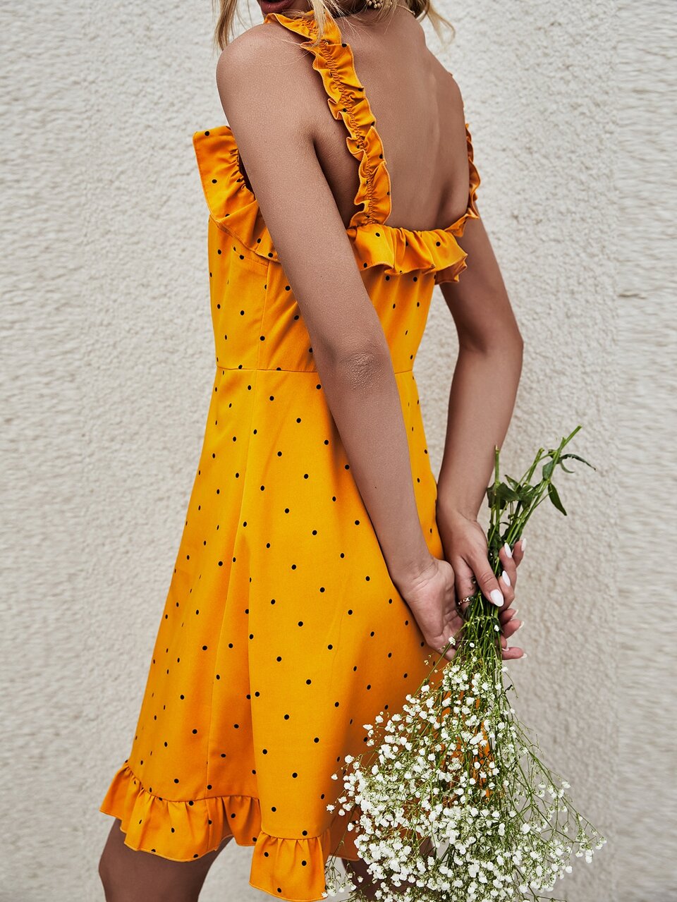 Polka Dot Tie Front Ruffle Hem Cami Dress
