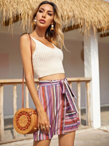 SHEIN Essnce Button Front Striped Belted Skirt - Multicolor - View 3
