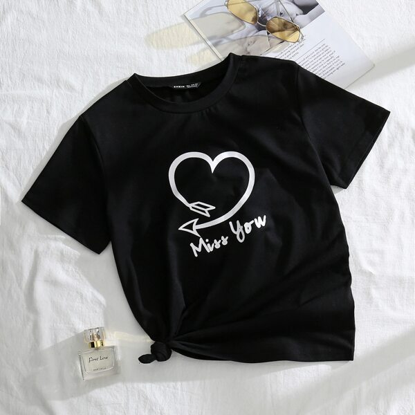 

Letter & Heart Print Tee, Black