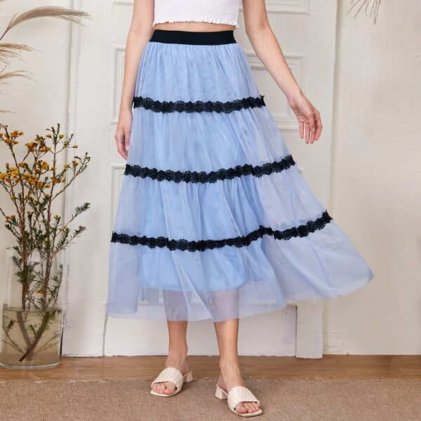 

Mesh Overlay Flared Skirt, Blue
