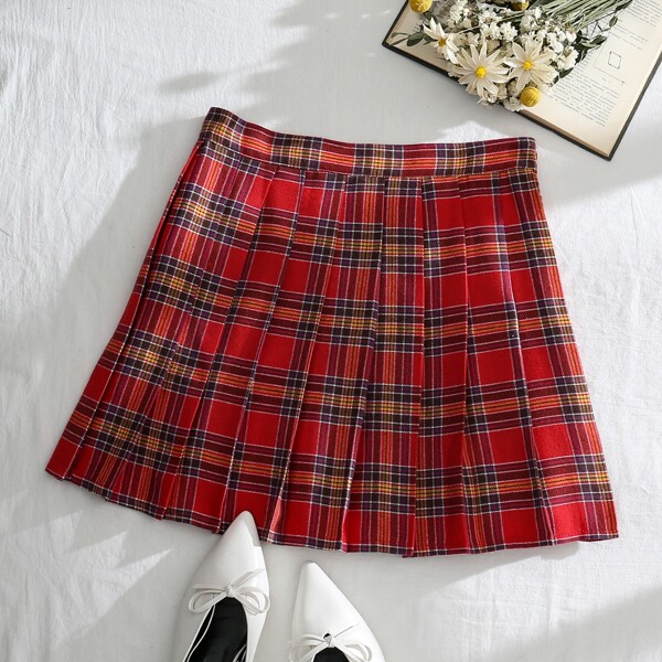 

Zip Side Tartan Pleated Skirt, Multicolor