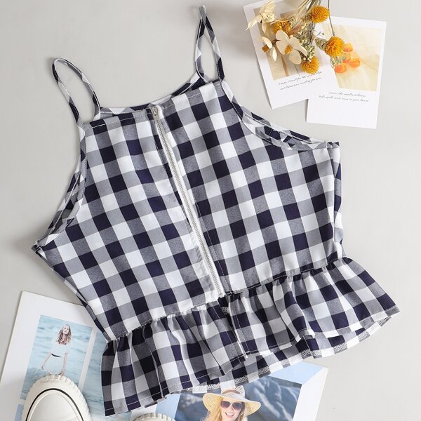 

Ruffle Hem Gingham Cami Top, Blue and white