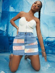 SHEIN Váy Denim Dây kéo Chắp vá - Nhiều màu - Xem 6