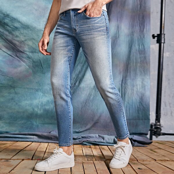 

Men Cat Whisker Cropped Tapered Jeans, Light wash