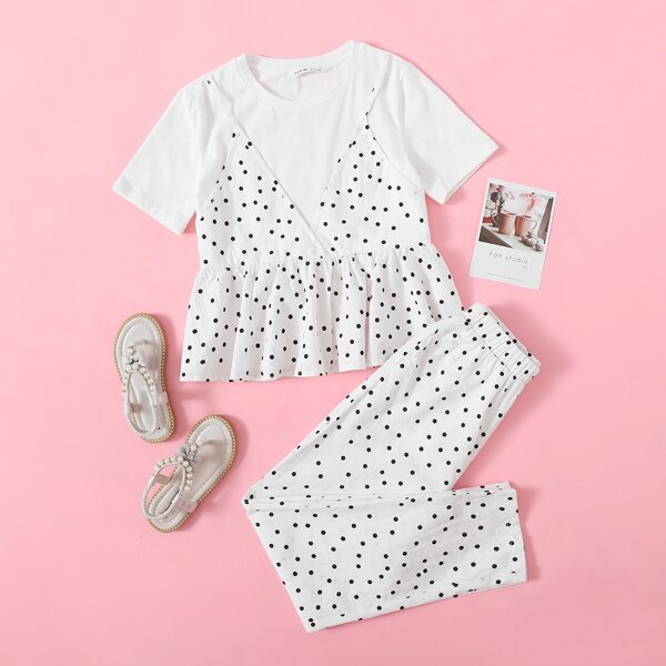 

Girls Polka Dot 2 In 1 Peplum Top and Pants Set, White