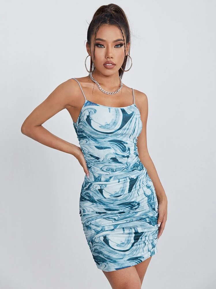 marble ruched dress Chocolate Marble Print Off Shoulder Mesh Midi Dress