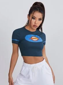 SHEIN EZwear 圖案羅紋針織短版T恤 - 藏蓝色 - 查看 1