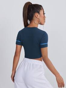 SHEIN EZwear 圖案羅紋針織短版T恤 - 藏蓝色 - 查看 2