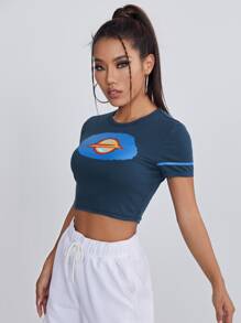 SHEIN EZwear 圖案羅紋針織短版T恤 - 藏蓝色 - 查看 4