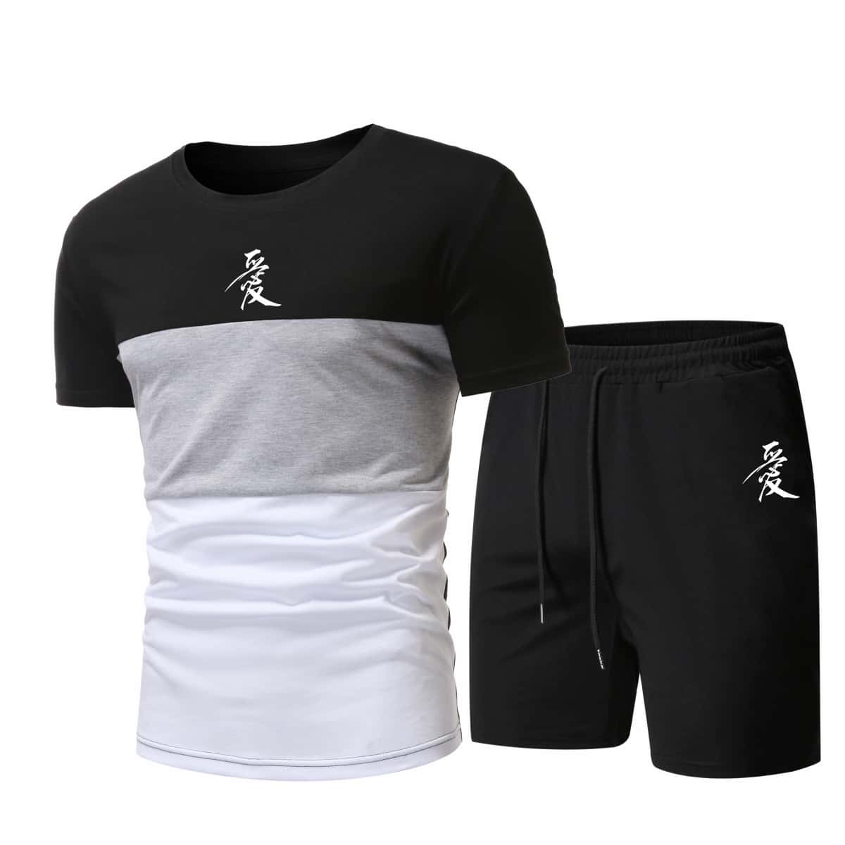 

Guys Chinese Letter Graphic Tee With Shorts, Multicolor