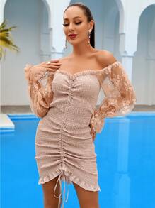Embroidered Mesh Bell Sleeve Shirred Dress - Apricot - View 1