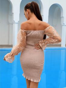 Embroidered Mesh Bell Sleeve Shirred Dress - Apricot - View 2