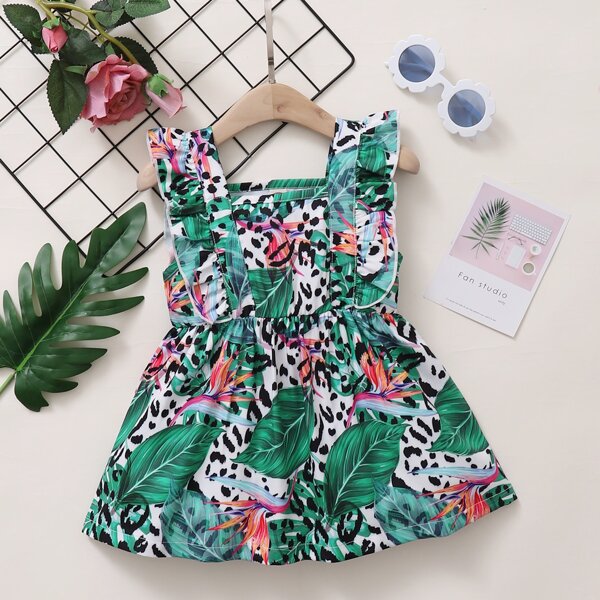 

Baby Girl Tropical Print Ruffle Trim Dress, Multicolor