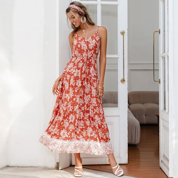 

Tie Waist Floral Cami Dress, Red and white