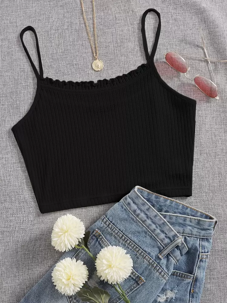 SHEIN Qutie Frill Trim Rib-knit Crop Cami Top | SHEIN USA