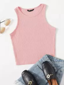 SHEIN EZwear Camiseta sin mangas de canalé liso - Rosa Pálido - Ver 1