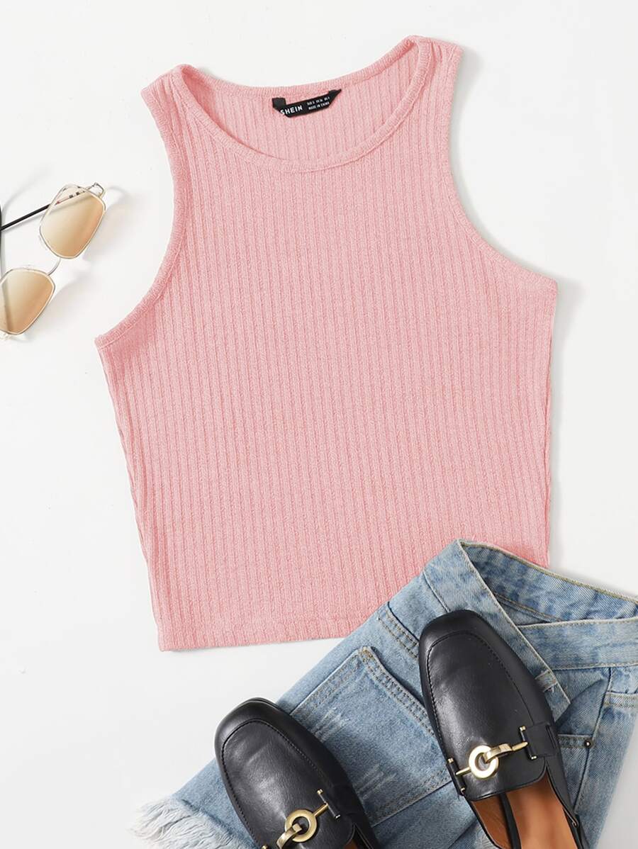 SHEIN EZwear Camiseta sin mangas de canalé liso - Rosa Pálido - Ver 1
