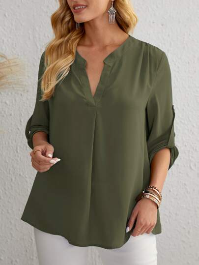 SHEIN Notched Neck Rolled Tab Sleeve Top