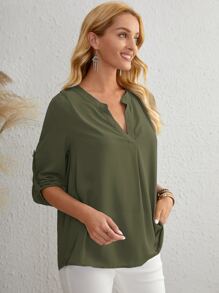 SHEIN 缺口領捲邊袖上衣 - 軍綠色 - 查看 4