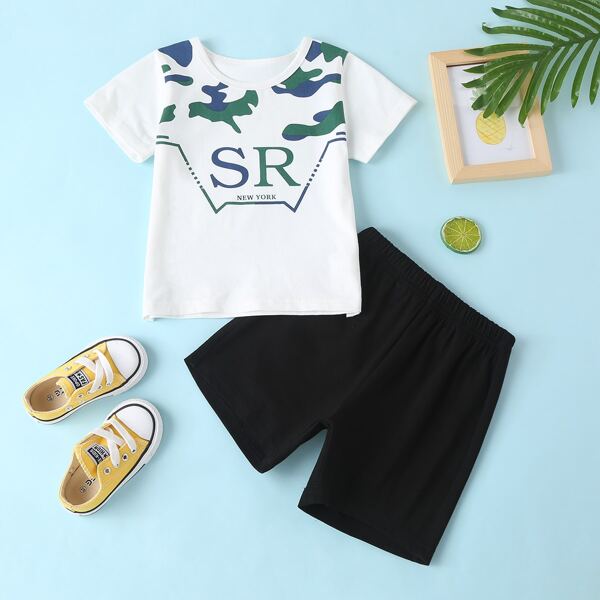 

Toddler Boys Camo Print Tee & Shorts, Black and white